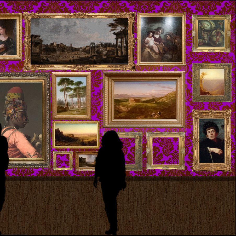 People viewing framed paintings in an art gallery with purple patterned wallpaper.