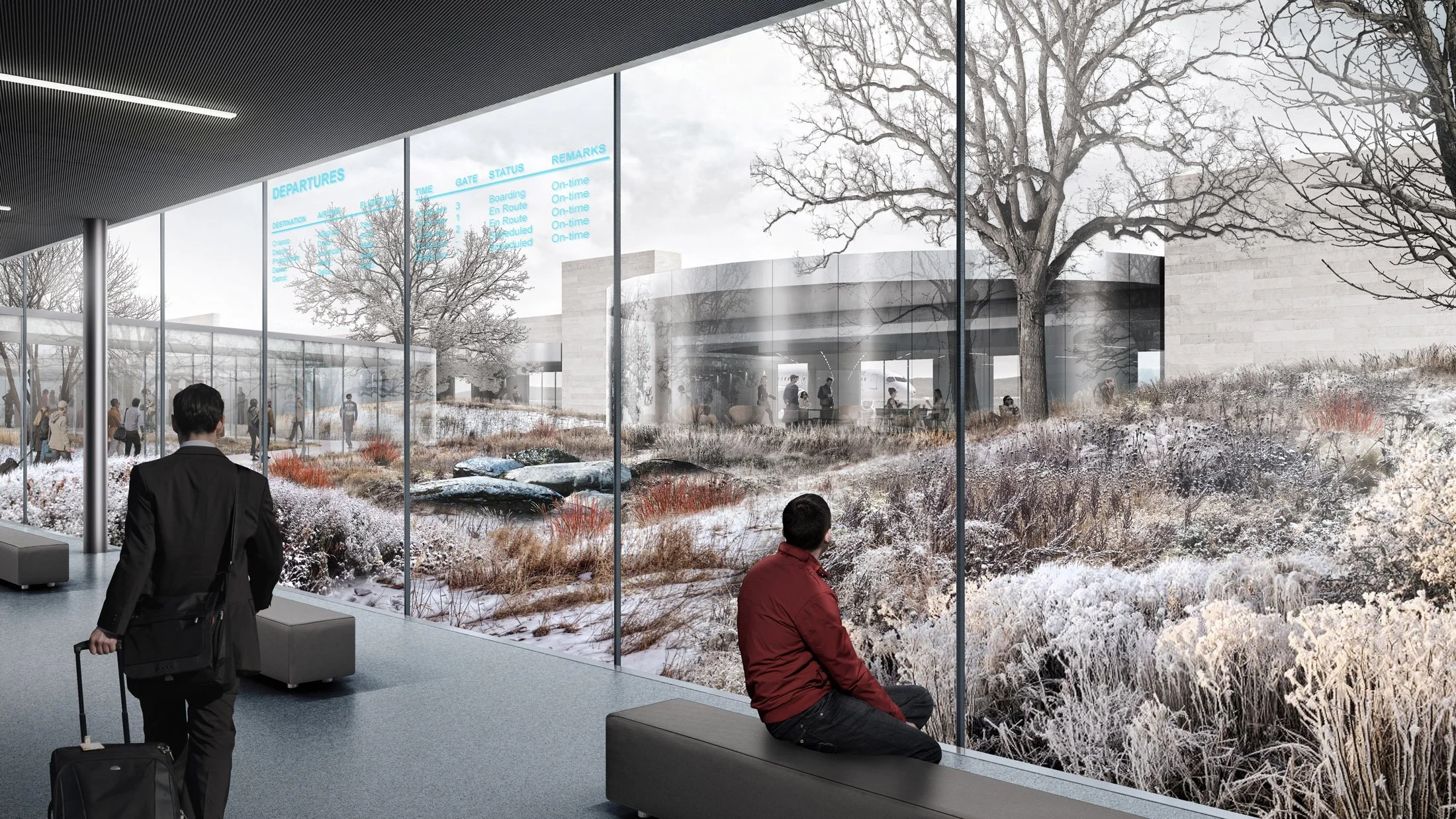Modern airport waiting area with large windows showing winter landscape with leafless trees and snow-covered ground; people are seated or walking with luggage.