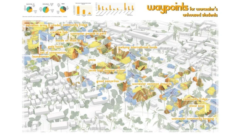 Map highlighting various community landmarks and resources for Worcester's unhoused students, including food banks, shelters, medical facilities, and local organizations with labels and a color-coded 3D terrain model.