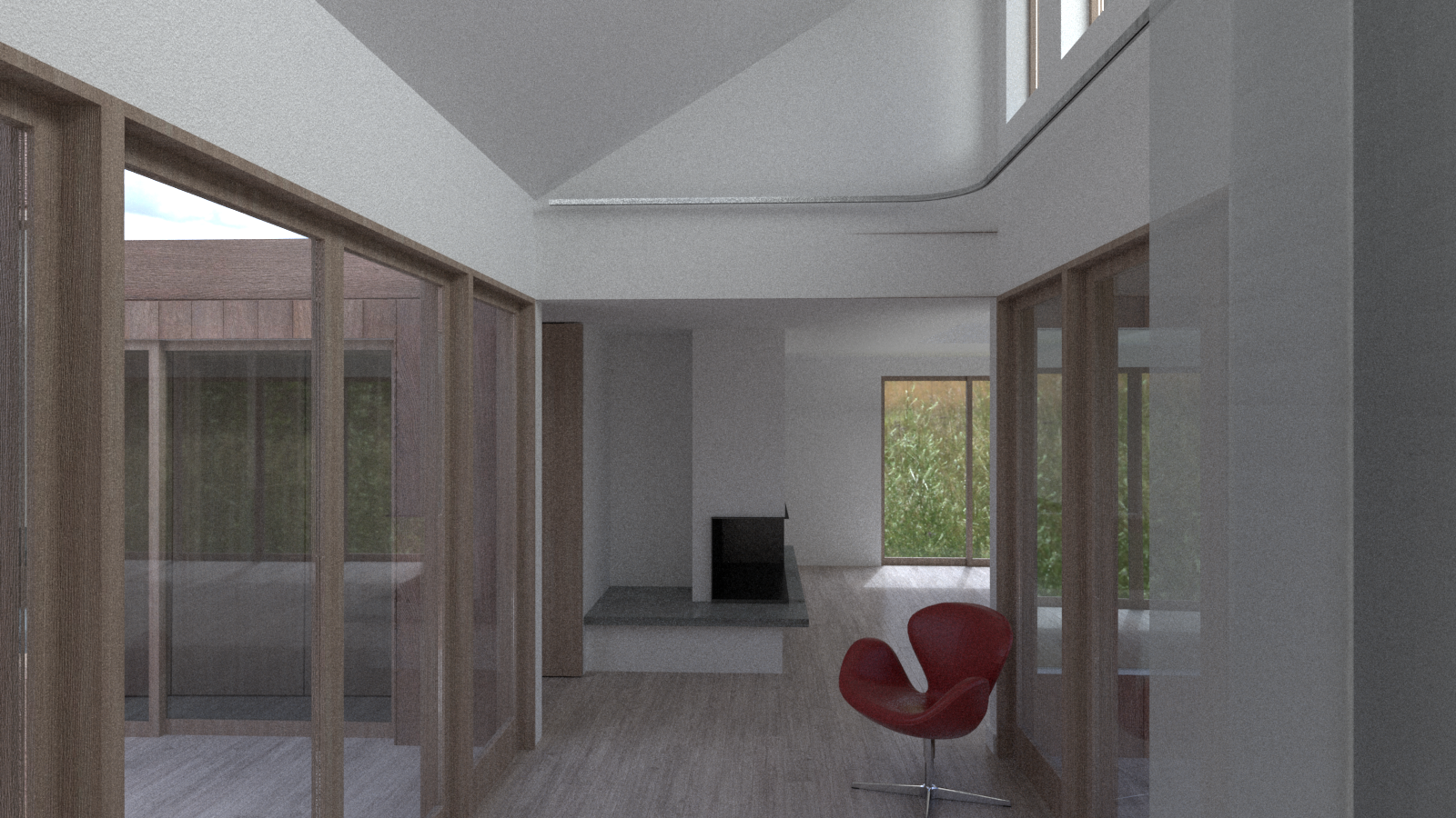 Modern interior living space with wood sliding doors, a fireplace, a red chair, and large windows with greenery outside.