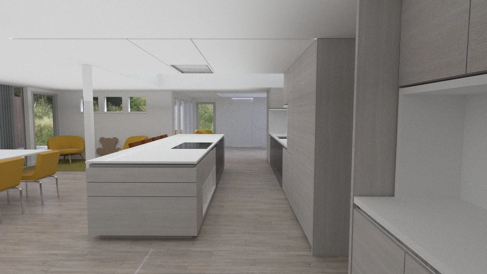 Interior view of a modern kitchen with a white island, yellow chairs, and large windows showing a green outdoor landscape.