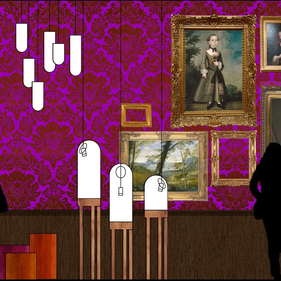 Art gallery with three black silhouette visitors viewing framed landscape and portrait paintings on a purple patterned wall, with contemporary hanging lights above.
