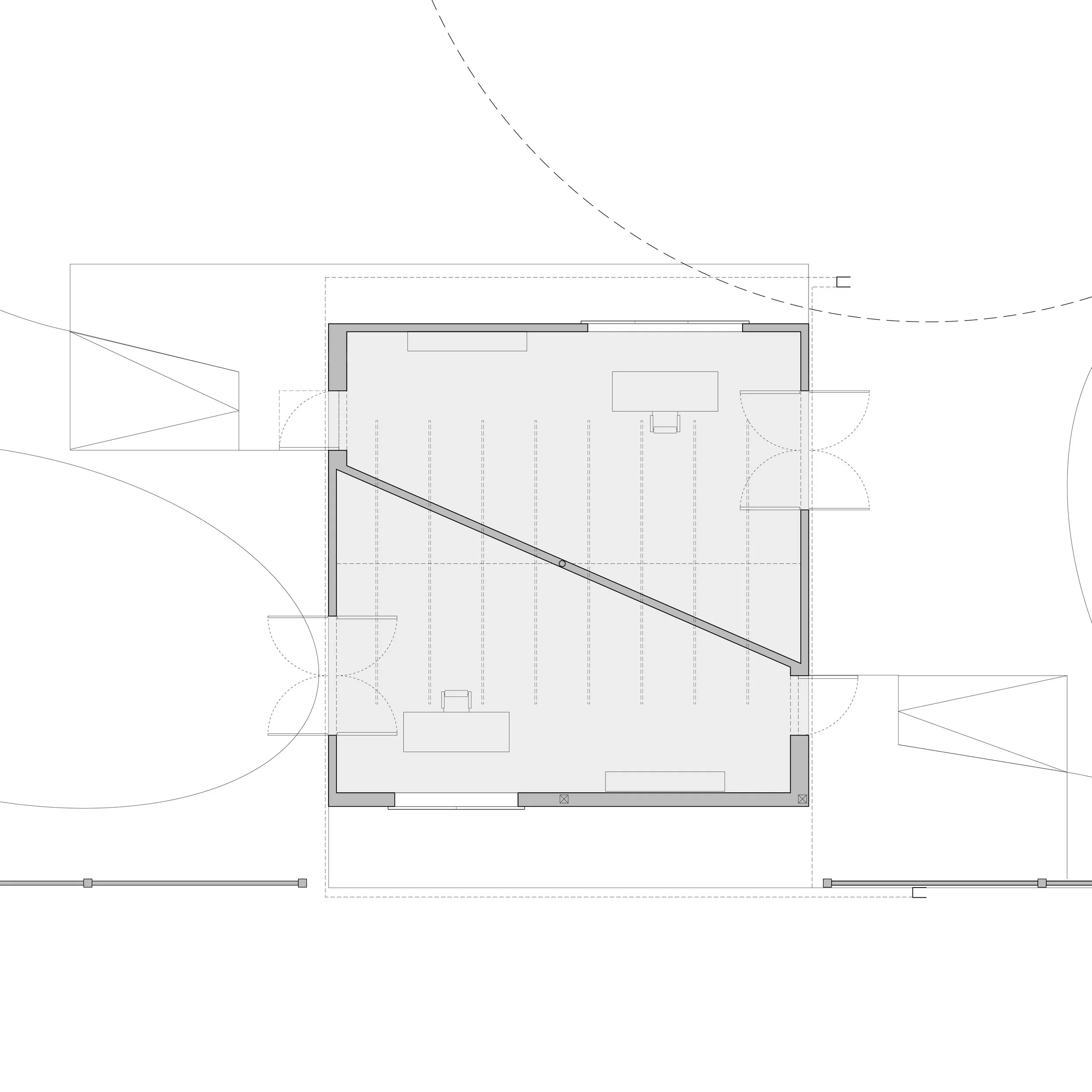 Architectural drawing of a building floor plan with labeled rooms and dimensions.