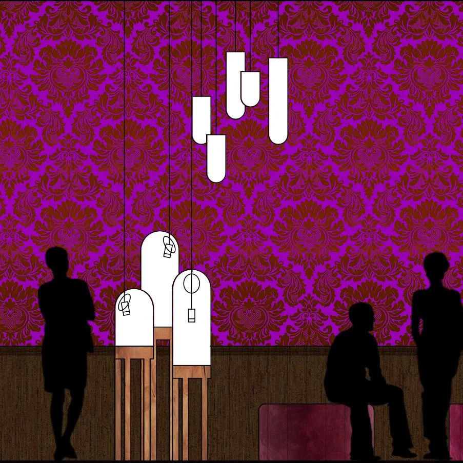 Silhouettes of three people in front of a purple damask patterned wall with modern hanging pendant lights and abstract light sculptures on wooden stands.