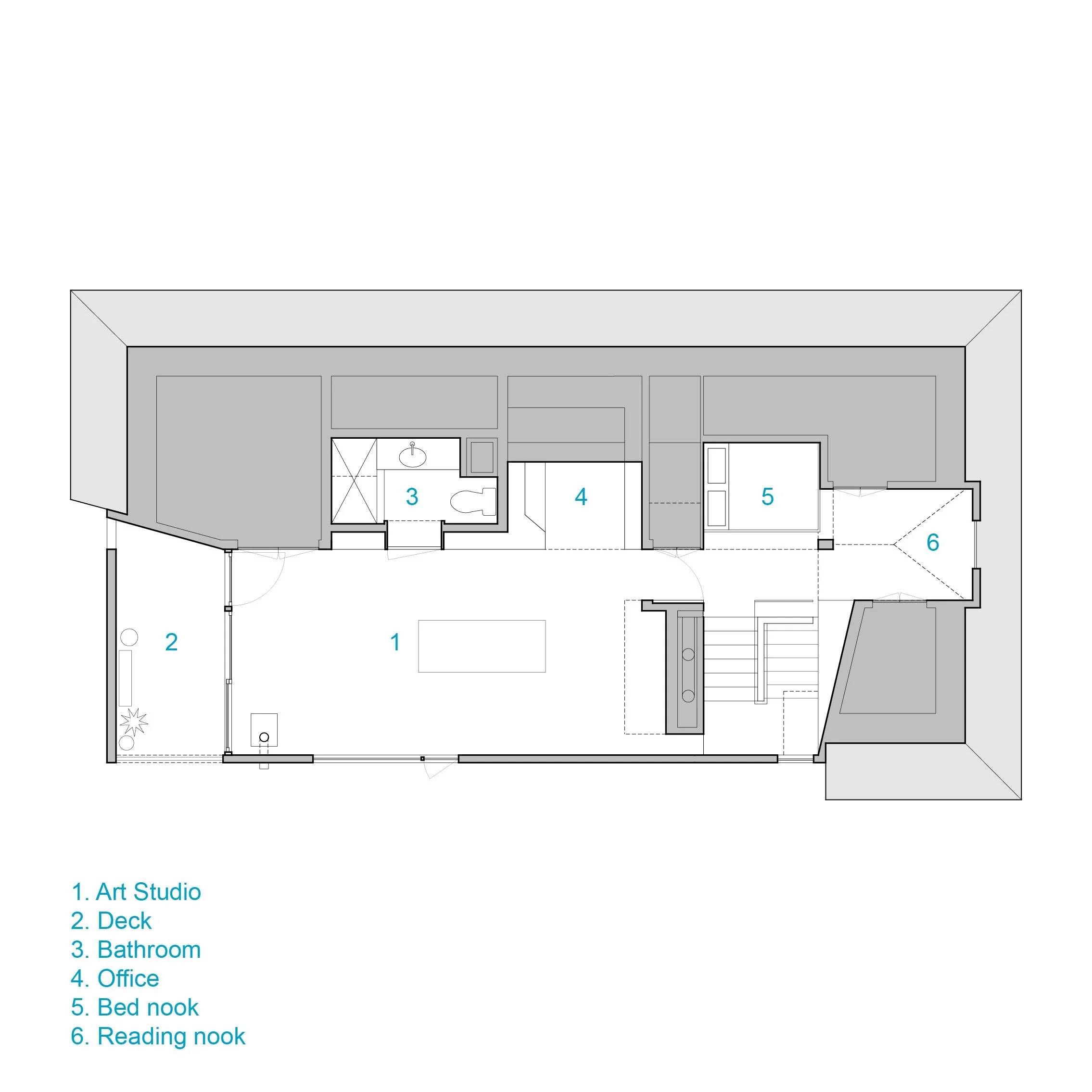 Floor plan with labeled rooms: Art Studio, Deck, Bathroom, Office, Bed Nook, Reading Nook.