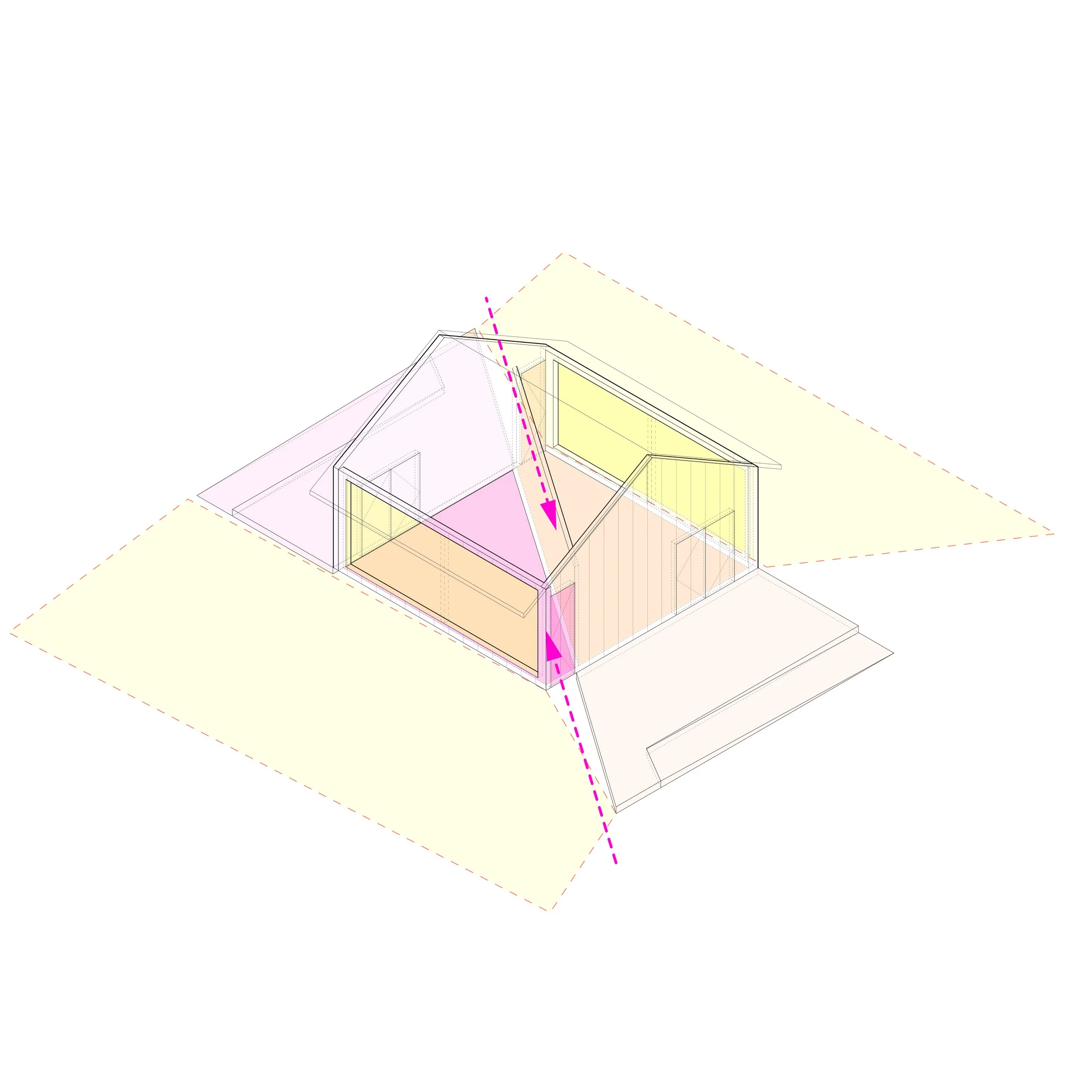 Architectural drawing of a modern house with yellow and pink walls, and detailed roof design.