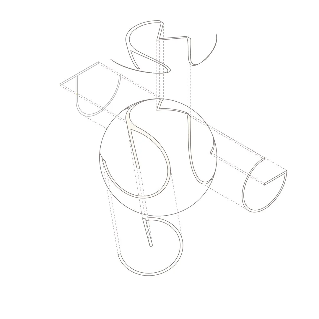 Technical drawing of an abstract 3D geometric structure with curved lines and semi-circular shapes, viewed from an isometric angle.