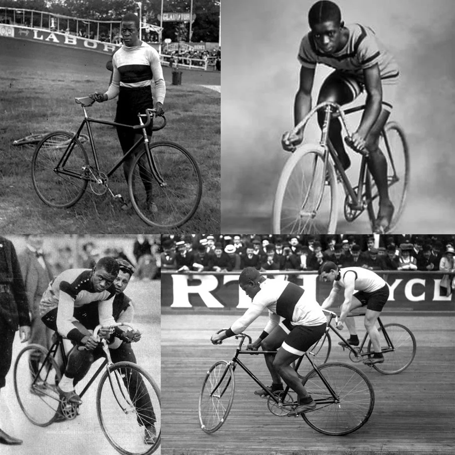 Black and white photos of boys riding bicycles, including one on a race track and others in a racing event with spectators in the background.