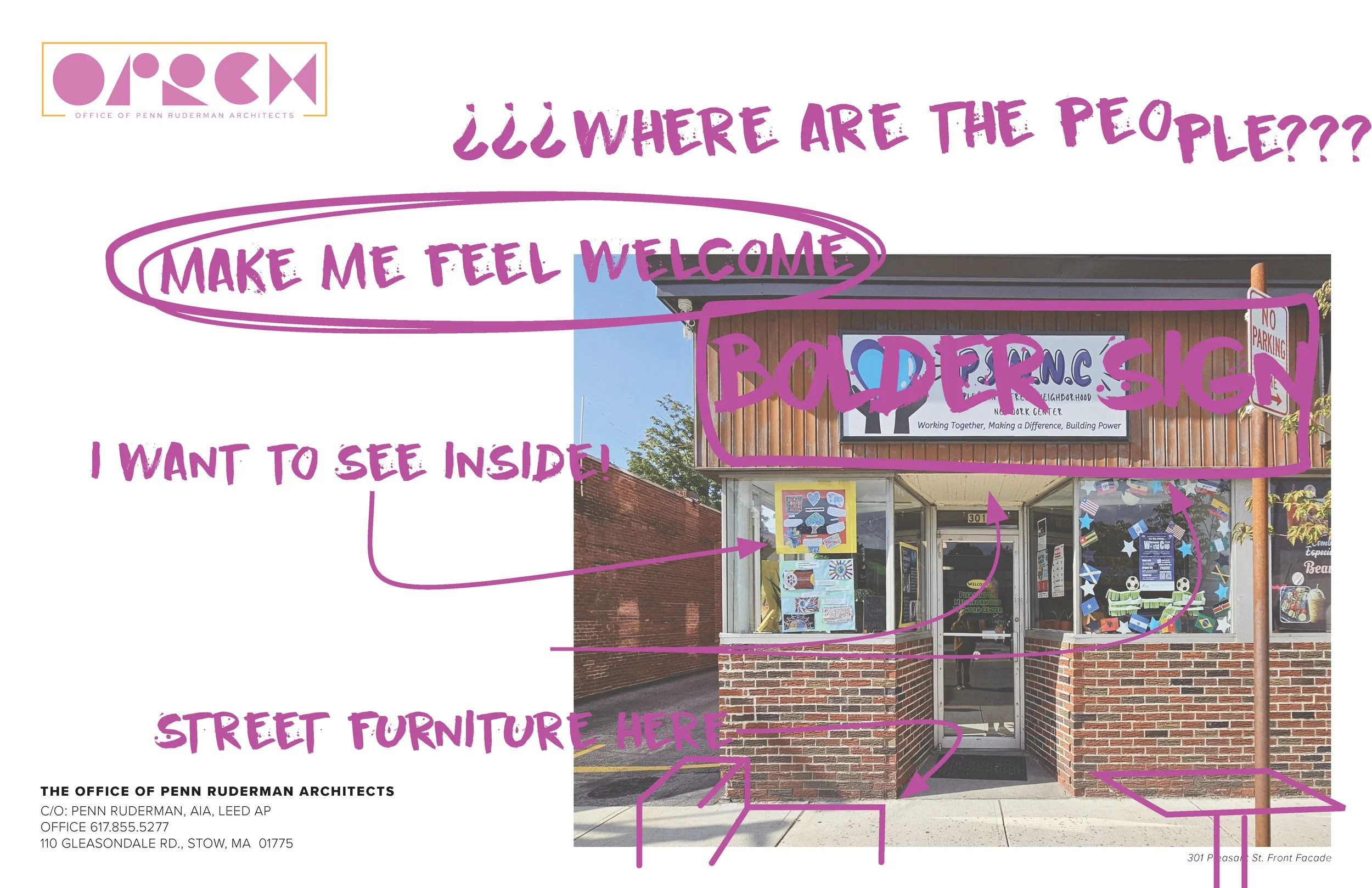 Photograph of the front of a building with signs and door, with handwritten purple notes and arrows overlayed indicating various elements like a welcome sign, a board sign, street furniture, and the building's facade.