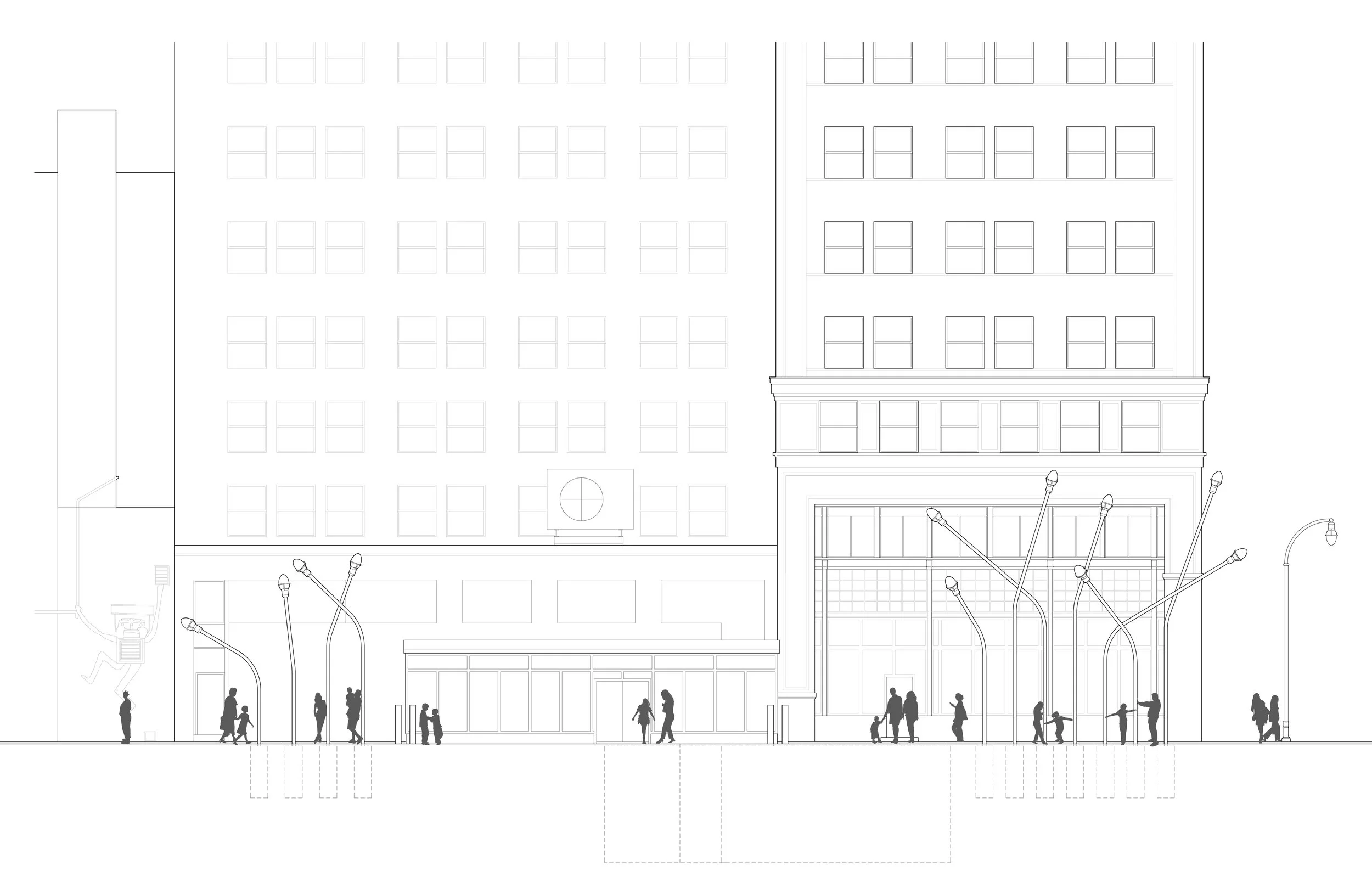 Illustration of a city street scene with pedestrians, street lamps, a building with multiple windows, and storefronts.