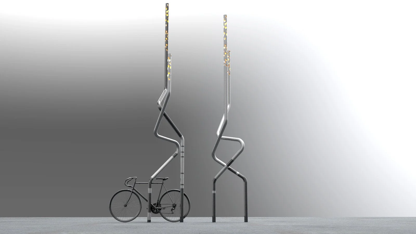 Two tall, abstract metal sculptures with zigzag shapes and yellow accents made from bike racks, set against a plain gray background with a bike.