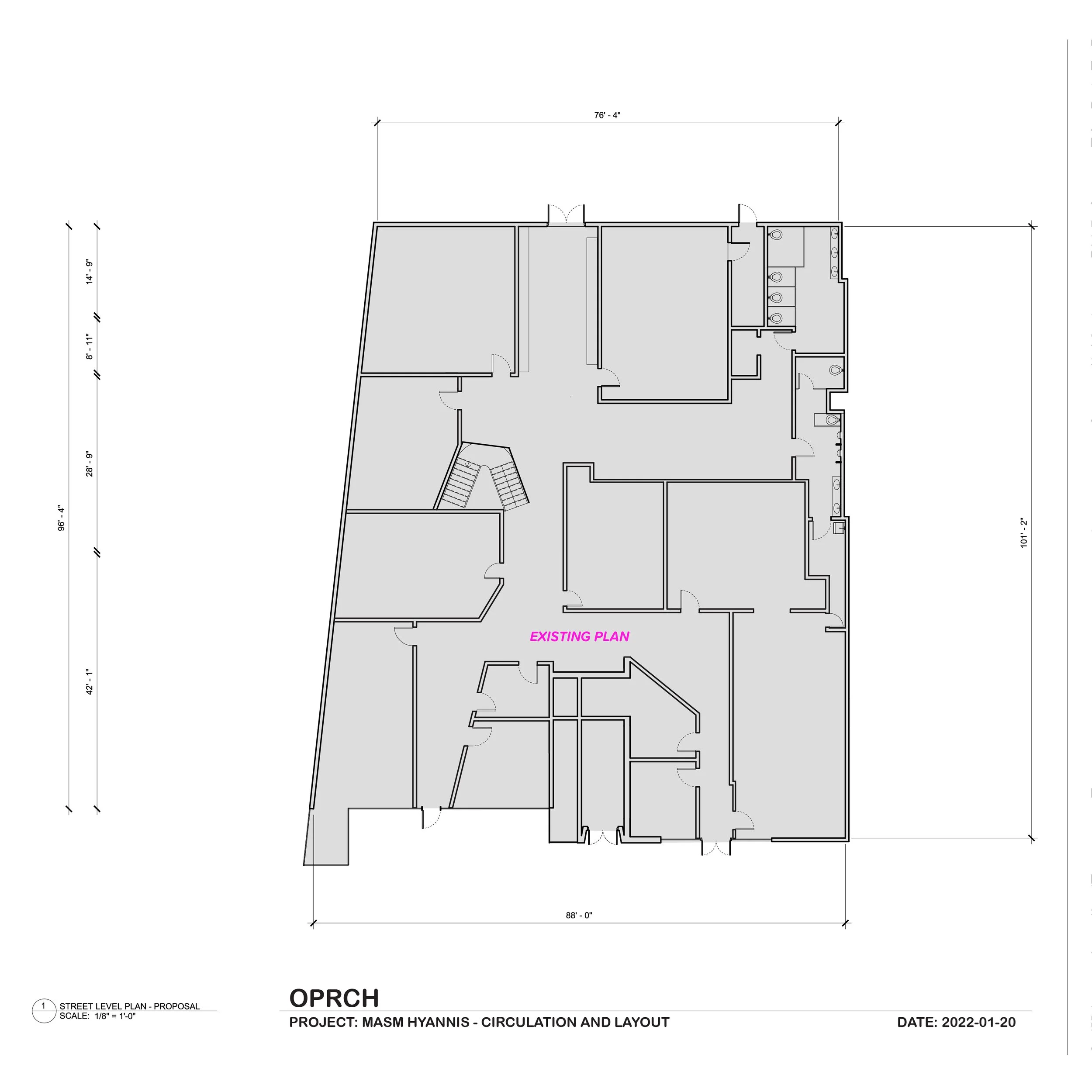 Floor plan drawing with labeled rooms and dimensions, titled "Existing Plan" and project information at the bottom.