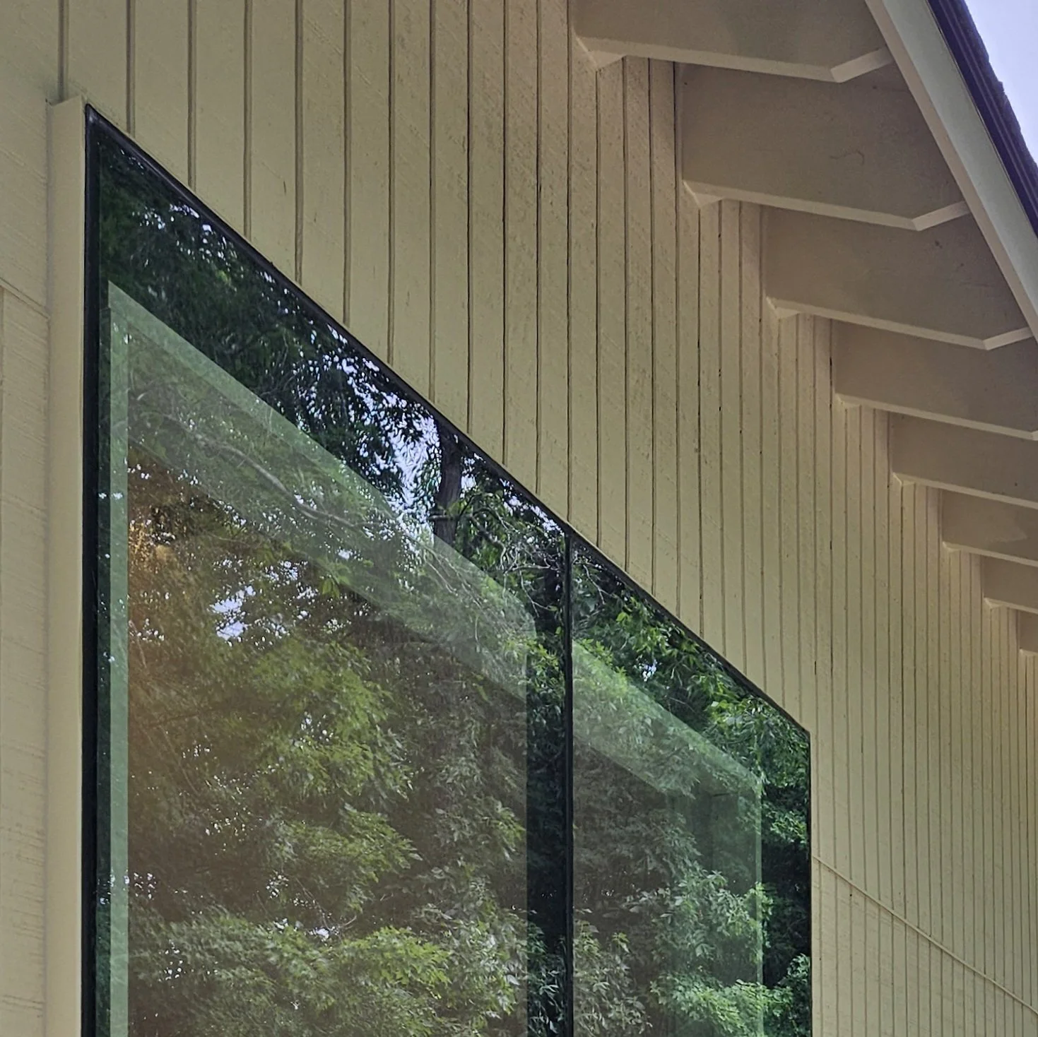 Close-up of a modern building's exterior wall with beige vertical siding and a large glass window reflecting green trees.