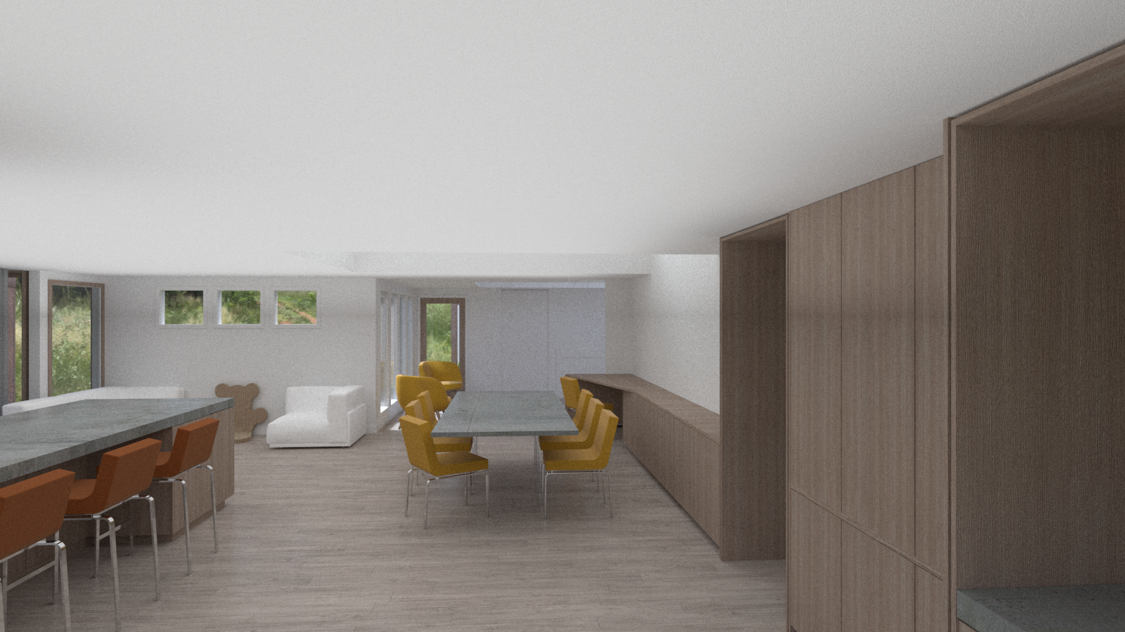 Interior view of a modern dining and living area with large windows, a kitchen island with brown chairs, a dining table with yellow chairs, and a white armchair in the background.