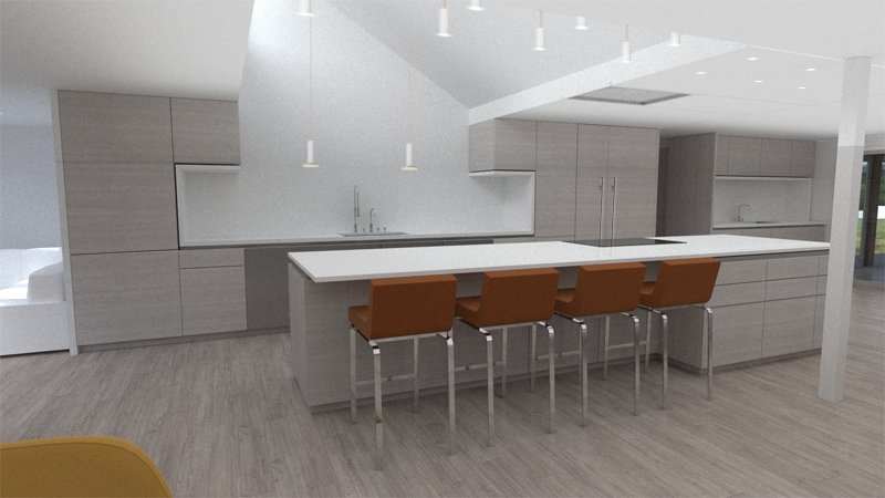 Modern kitchen with white cabinetry, a large island with a white countertop, four brown bar stools, and minimalist pendant lighting.