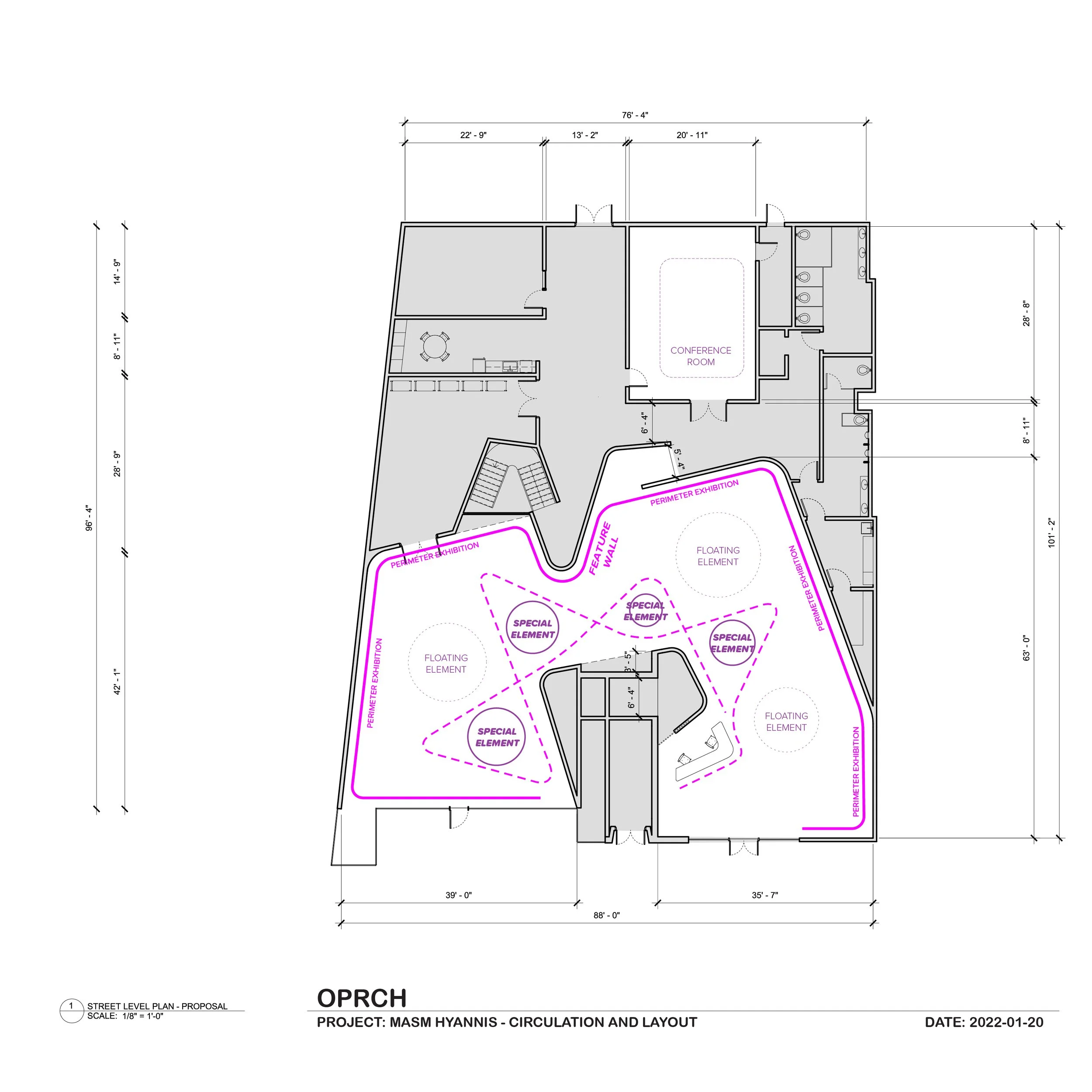 Architectural blueprint showing layout of an outreach and recreational area, including conference room, floating elements, special elements, and a perimeter exhibition.