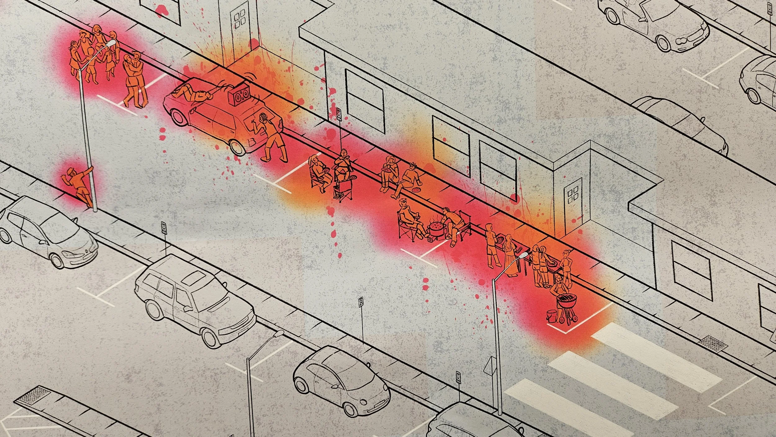 Illustration of a city street showing a group of people gathered near a car, some sitting on benches, while others stand or walk, with red and orange highlights suggesting confusion or chaos.