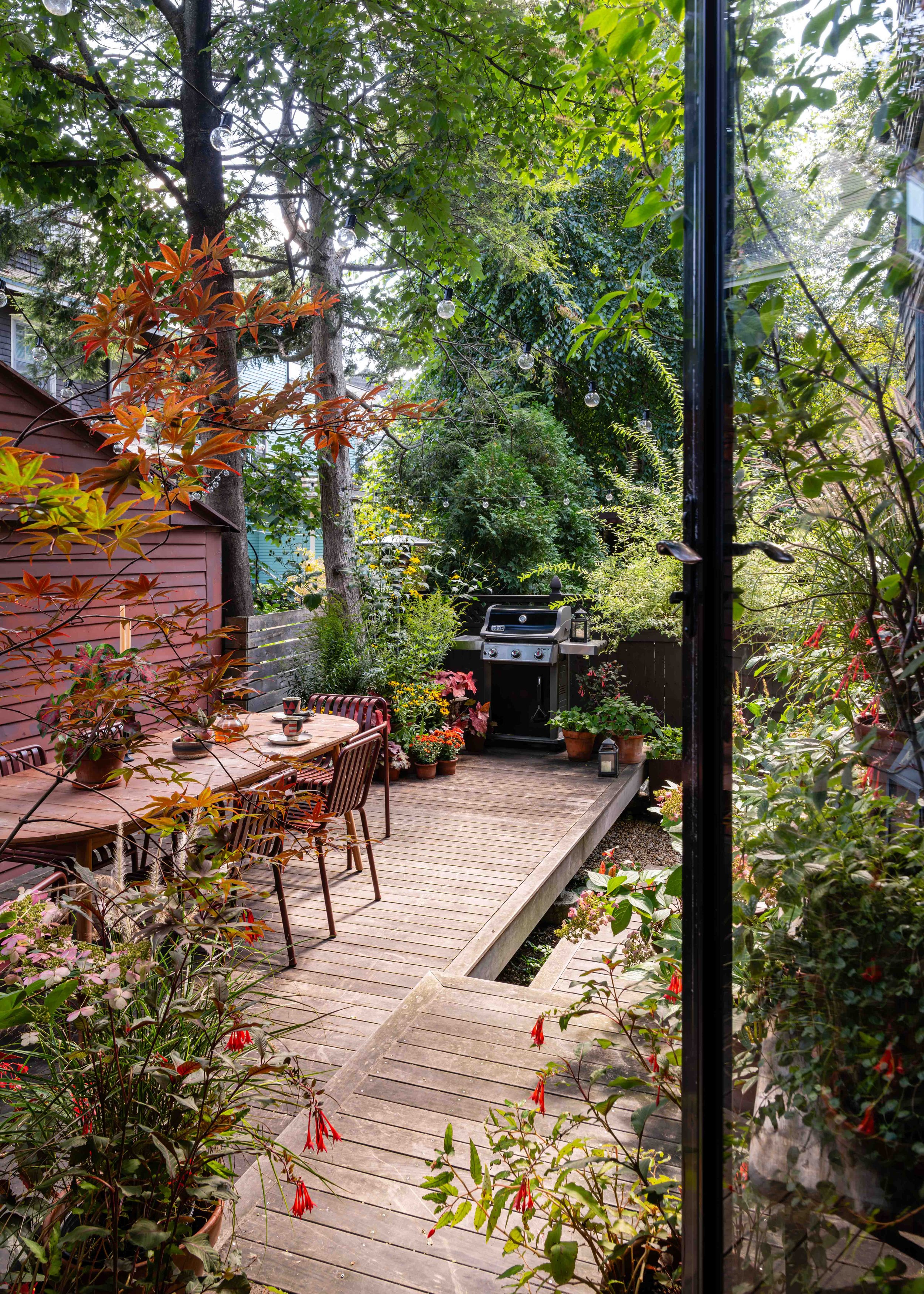 View of a lush backyard garden with trees, potted plants, and outdoor furniture, seen through a doorway or window, with a grill and string lights hanging above.