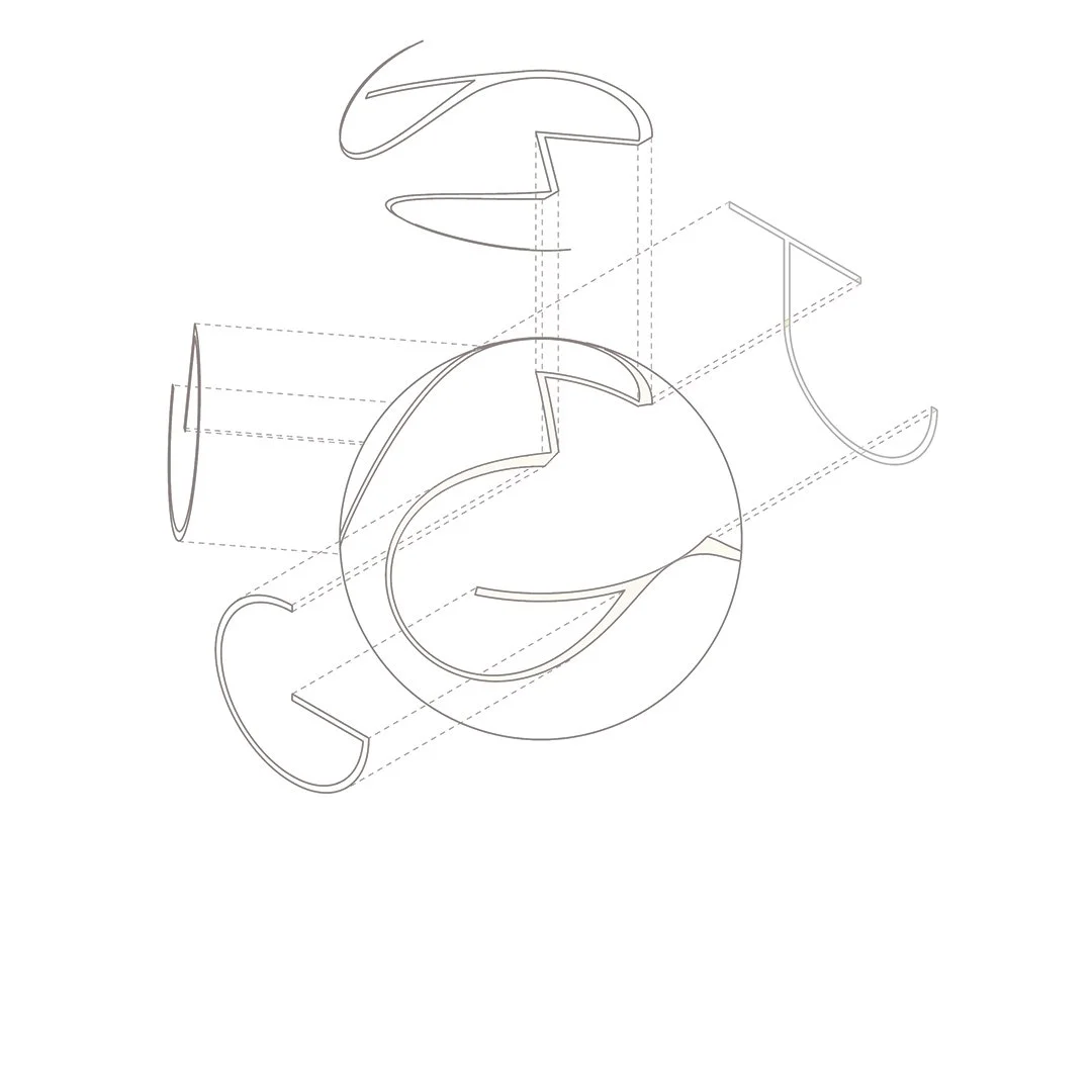 Diagram of a mechanical or structural component, with different parts connected by dashed lines, showing an exploded view.
