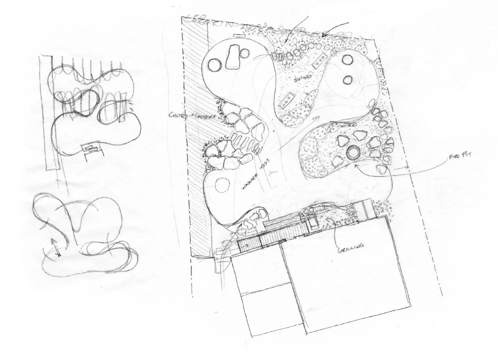 Hand-drawn landscape plan of a backyard with trees on the left and multiple outdoor areas featuring rocks, a fire pit, a grill, pathways, and specific  activities.