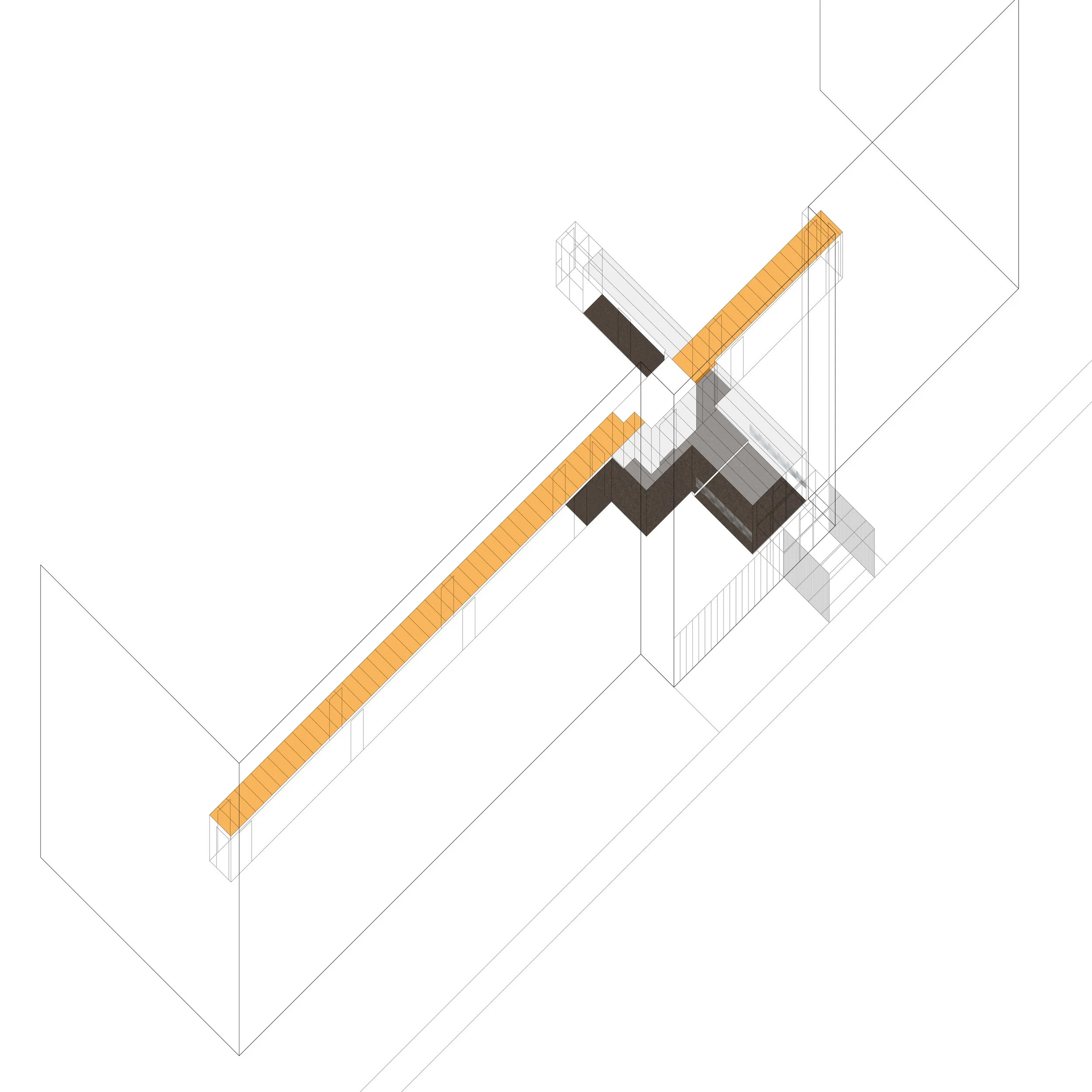 A technical drawing or architectural rendering showing a corner with a long, curved orange surface, possibly a bench or a ledge, with grids and lines indicating dimensions and structural details.