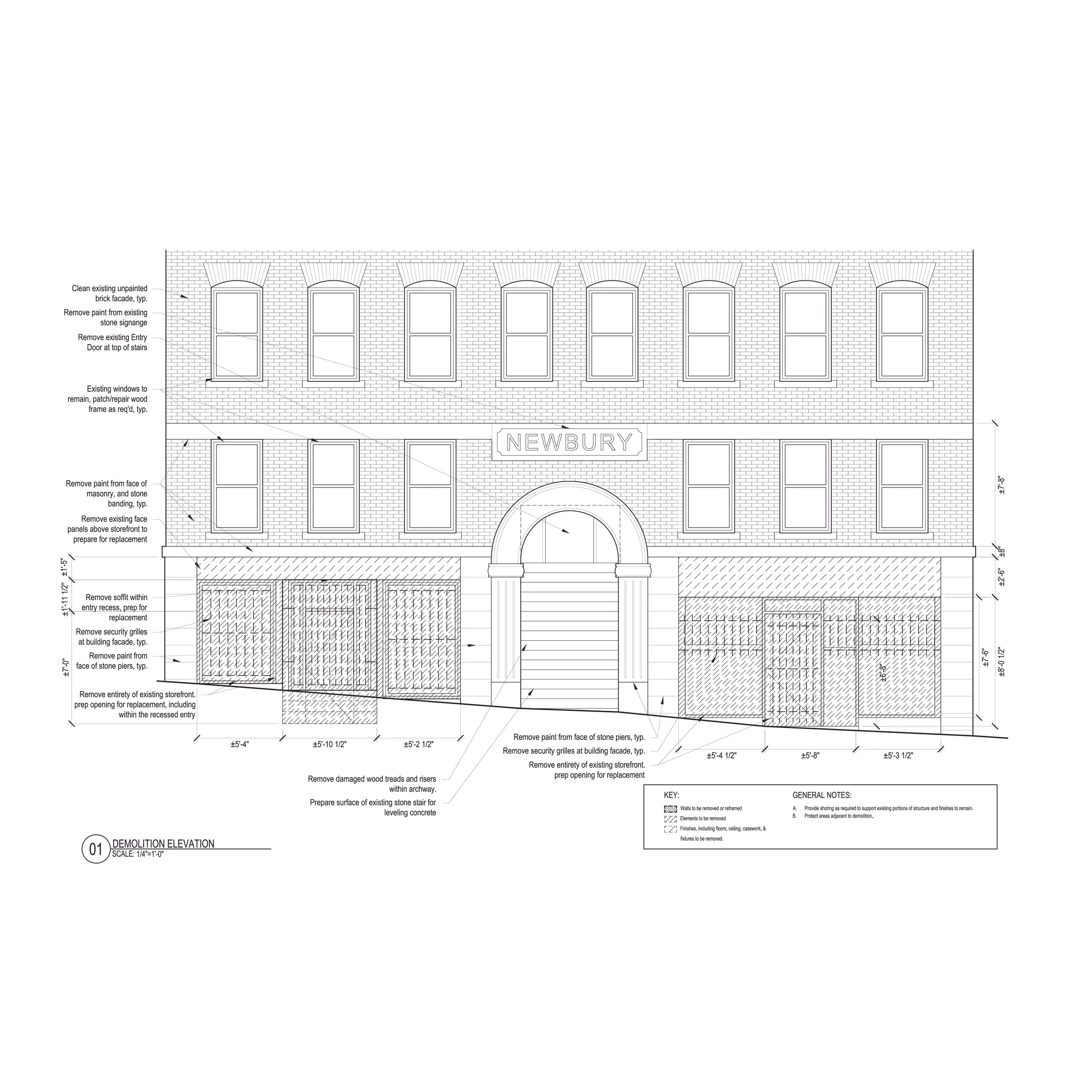 Architectural blueprint detailing demolition elevation of a brick building facade, including notes on removing paint, damaged wood, and existing storefront features, with symbols indicating areas to be removed or reframed.