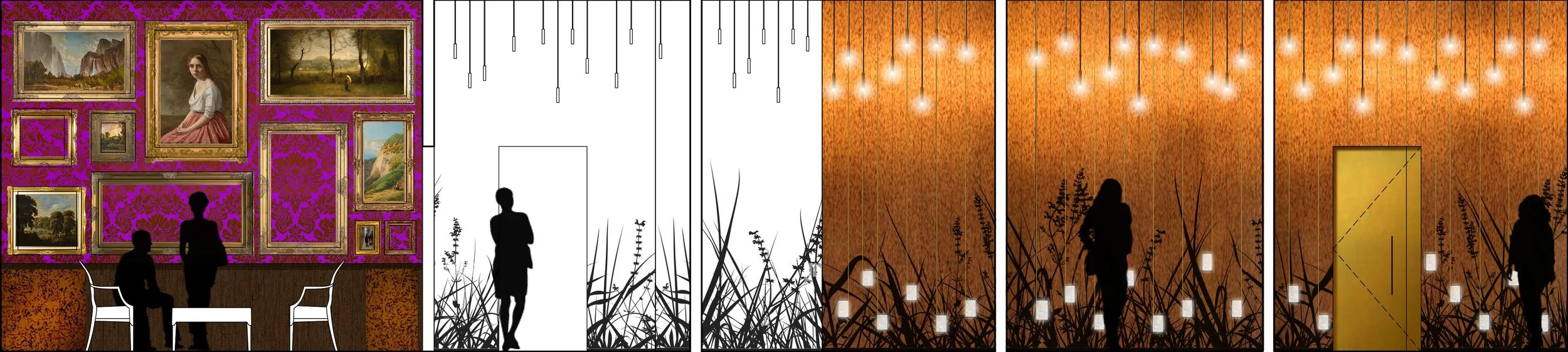An interior space divided into four sections. The first section features a vibrant purple wallpaper with a collage of framed landscape and portrait paintings. The second section is a minimalist black-and-white silhouette of a woman standing among tall grass, with hanging lights from the ceiling. The third section is decorated with warm orange textured wallpaper, with silhouettes of a woman and tall grass, illuminated by small hanging lights. The fourth section shows a silhouette of a person standing in front of a yellow door with hanging lights above, and tall grass silhouette in the foreground.