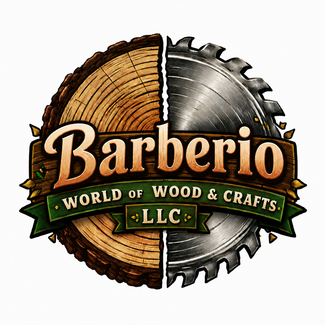Logo for Barberio, a wood and crafts business, with a split design of a wooden tree ring and a metal saw blade, featuring text "Barberio World of Wood & Crafts LLC".