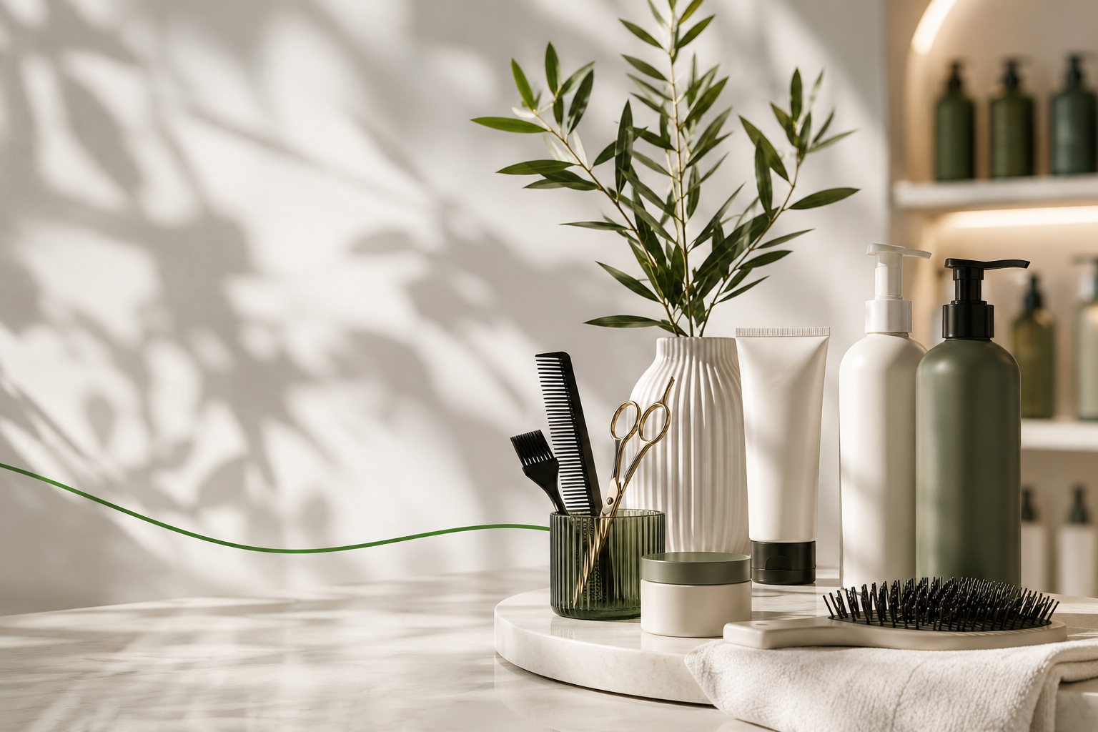A collection of hair care and grooming products, including bottles, a comb, scissors, and a brush, arranged on a white marble surface with a decorative vase holding green branches, and a shadow of leaves on a white wall.