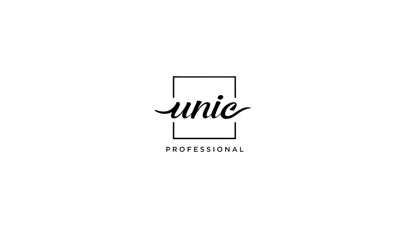 Black background with a logo in the center that says "unité" in cursive white text, with a square outline around the word, and the word "PROFESSIONAL" in uppercase at the bottom.