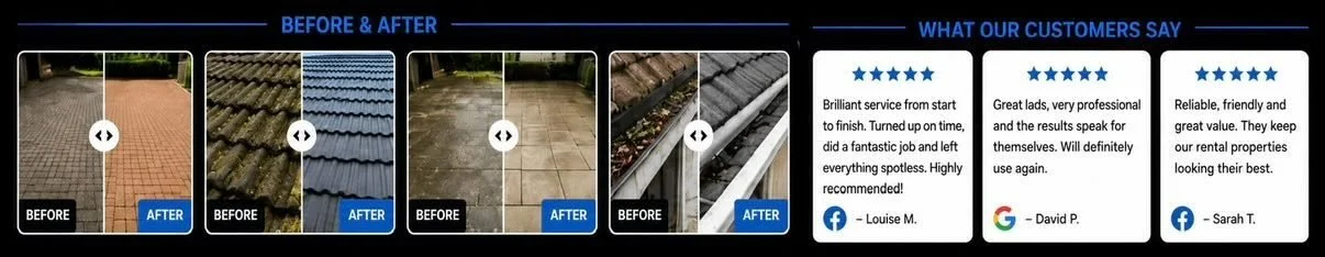A set of side-by-side images showing before and after results of cleaning or renovating outdoor surfaces, including a brick patio, roof, tile floor, and drain pipes. The right side features customer reviews praising the service quality.