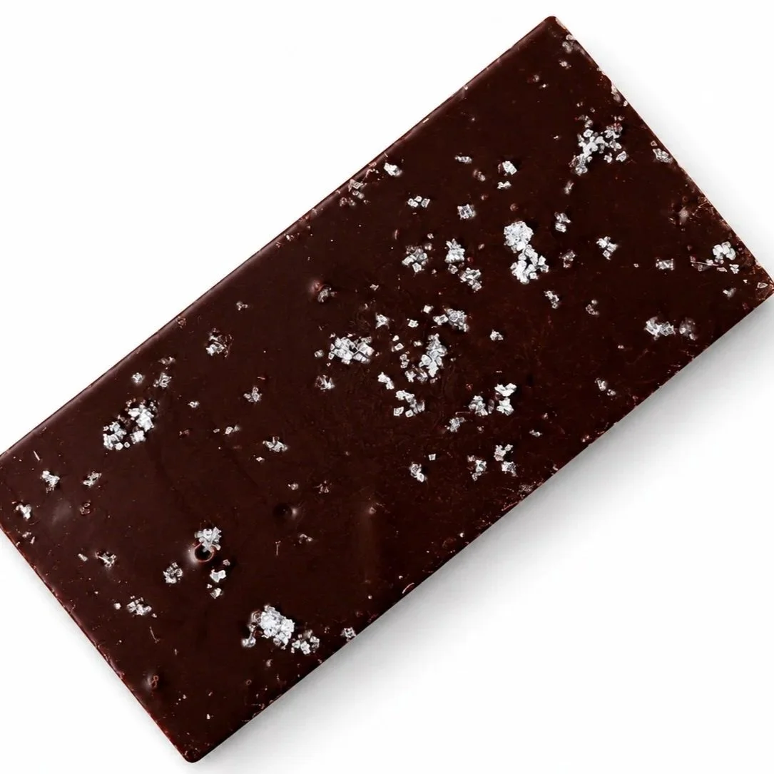 Dark chocolate bar finished with sea salt flakes