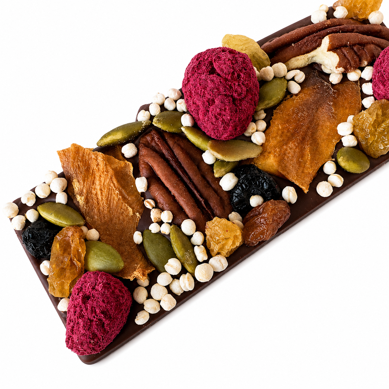 Small handcrafted Belgian dark chocolate bark topped with freeze-dried raspberries, dried blueberries, dried mangos, golden raisins, pecans, pumpkin seeds, puffed quinoa and gold sparkles.