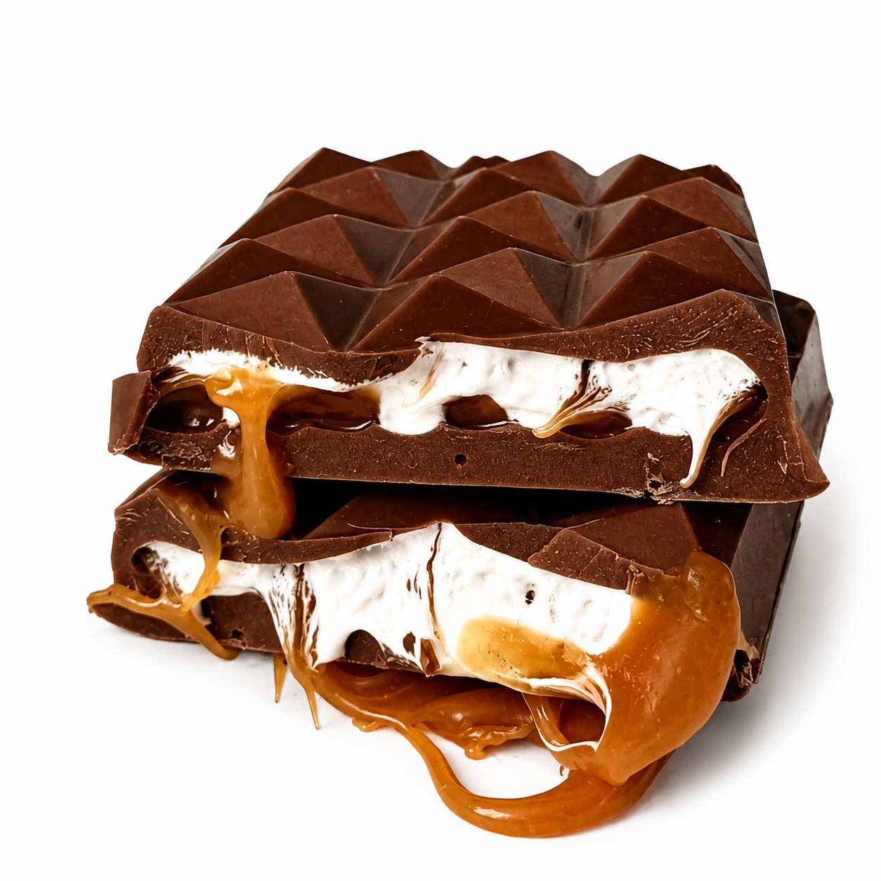 Marshmallow and caramel filled Belgian milk chocolate bar, with pyramid-style design on the top of the bar.