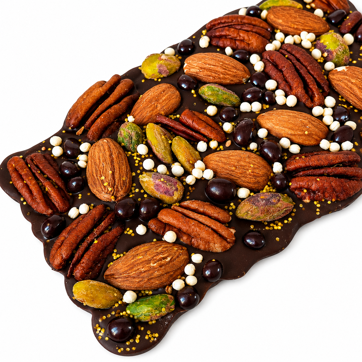 Small handcrafted Belgian milk chocolate bark topped with whole pecans, whole almonds, pistachios, dark chocolate covered cacao nibs, puffed quinoa and golden sparkles