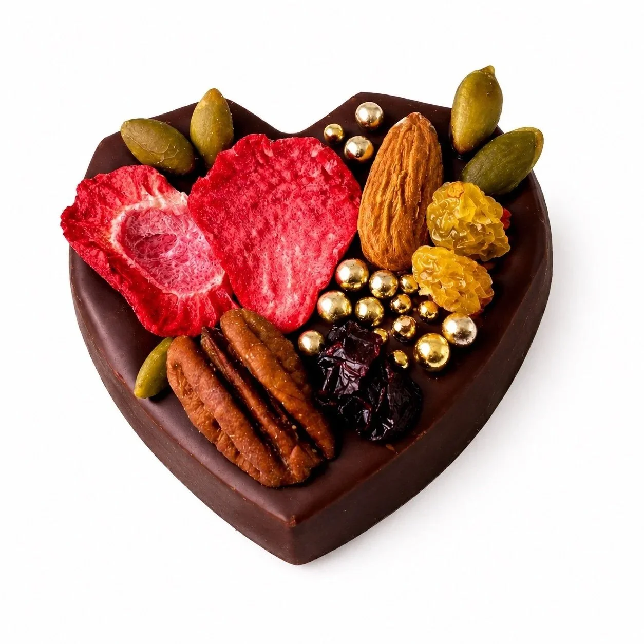 Belgian dark chocolate heart wedding favour topped with freeze-dried strawberry slices, whole almonds, pecan halves, pumpkin seeds, golden raisins, dried cranberries and bright gold dragees