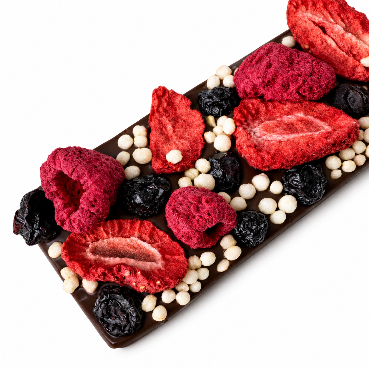 Small Belgian dark chocolate bark with freeze-dried strawberries and raspberries, dried blueberries, puffed organic quinoa.
