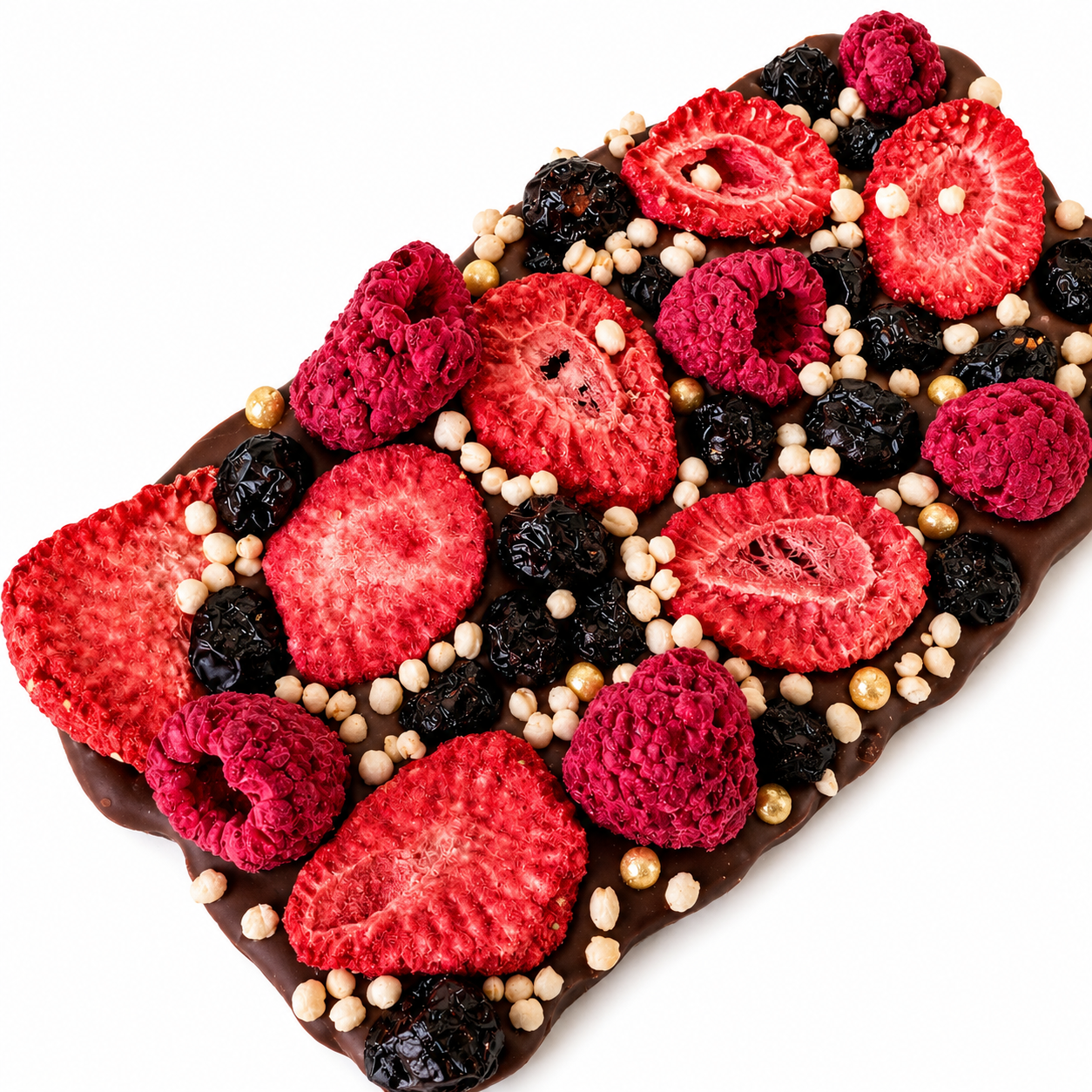 Large Belgian dark chocolate bark with freeze-dried strawberries and raspberries, dried blueberries, puffed organic quinoa.