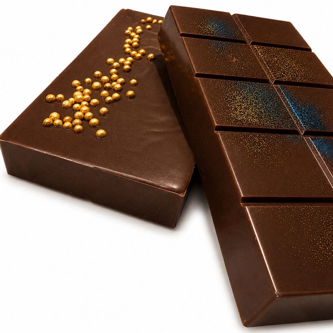 Large caramel and marshmallow-filled Belgian dark chocolate bark, topped with gold sprinkles and coloured sparkles.