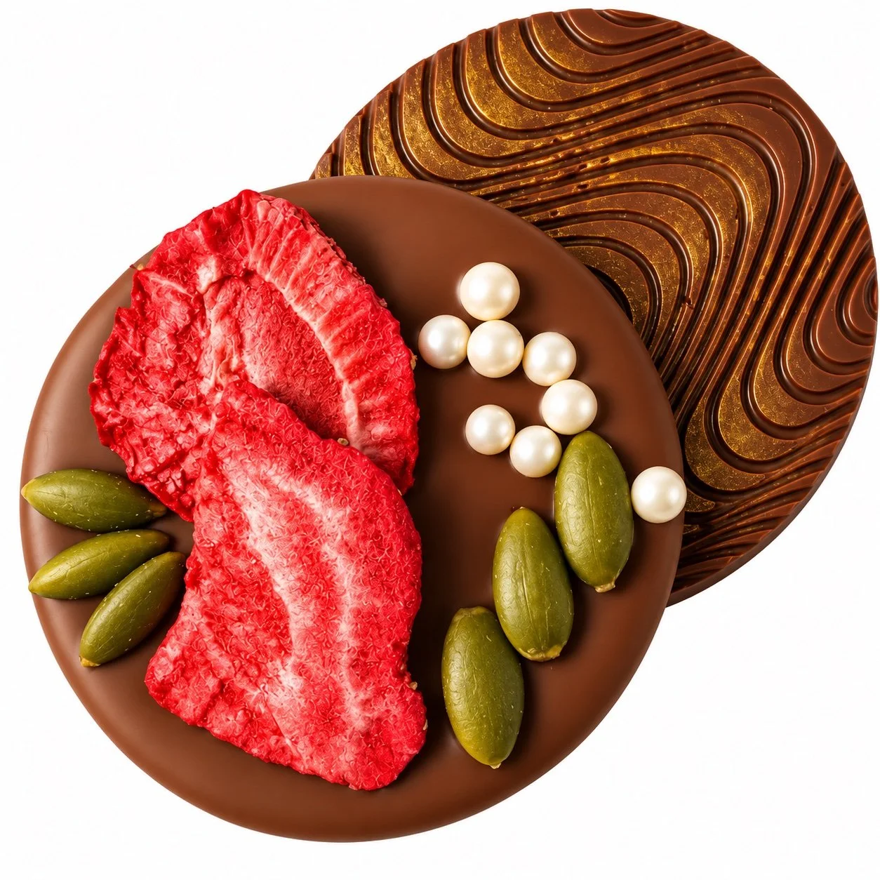 Belgian milk chocolate round wedding favour topped with freeze-dried strawberry slices, pumpkin seeds, pearlescent white dragees