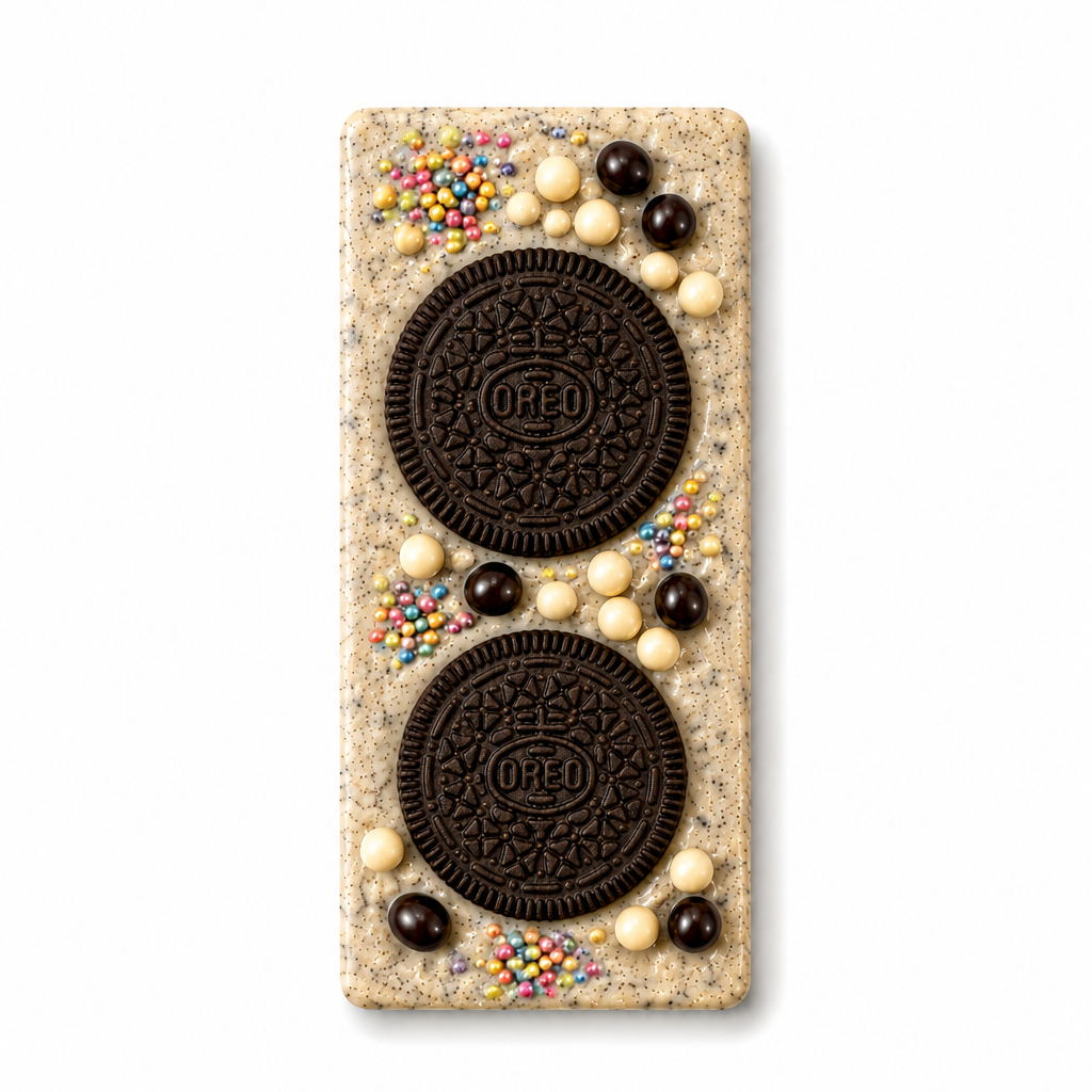 Small Belgian white chocolate bark with crushed oreo cookies topped with three full  oreo cookies, colourful sprinkles, dark chocolate-covered cacao nibs and white chocolate covered crisp balls