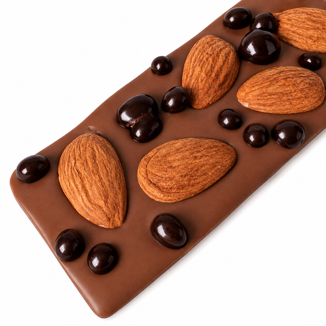 Small handcrafted Belgian dark chocolate bark topped with whole almonds, dark chocolate organic cacoa nibs, and gold sparkles