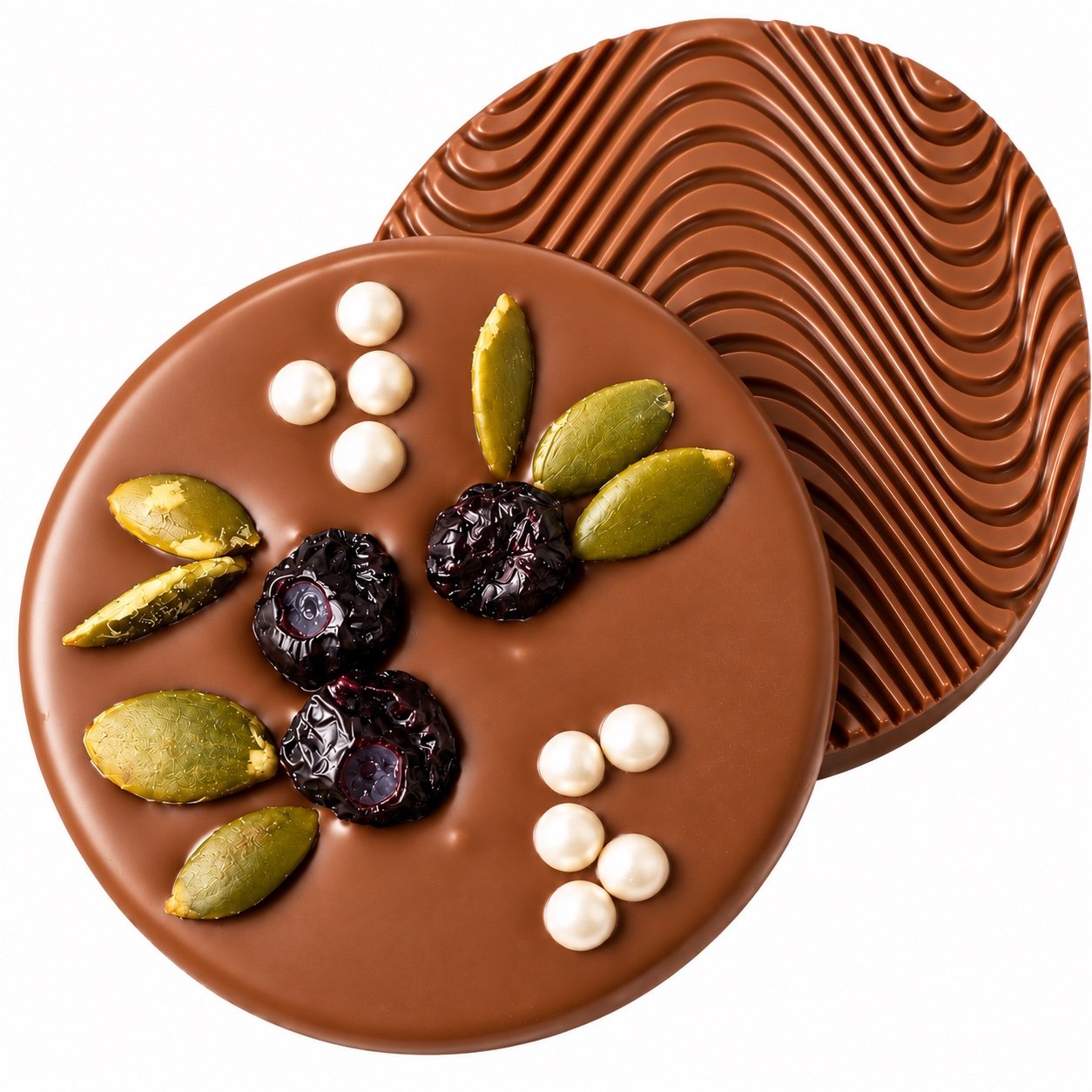 Belgian milk chocolate round wedding favour topped with dried blueberries, pumpkin seeds, pearlescent white dragees