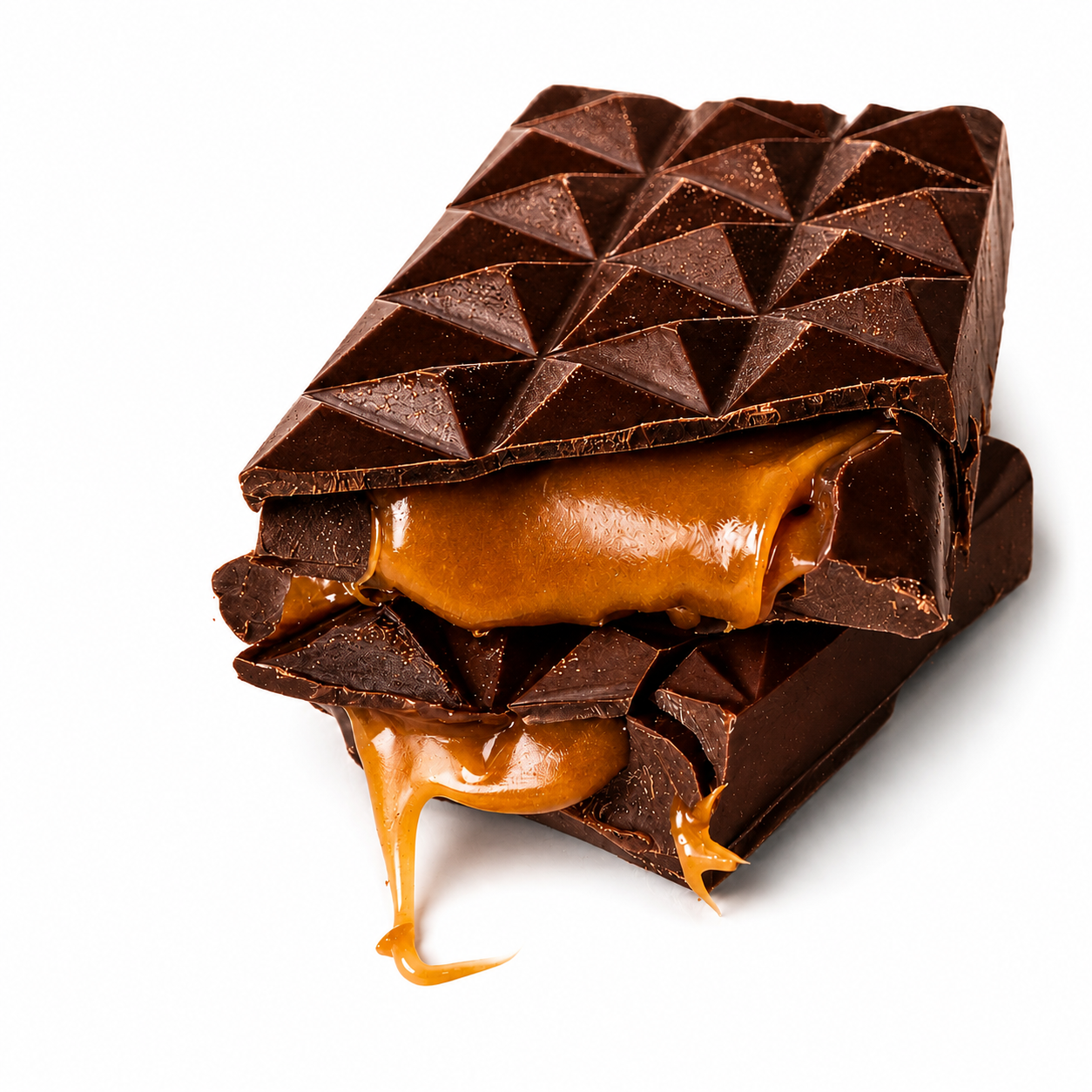 small caramel-filled Belgian milk chocolate bark, topped with gold sprinkles and coloured sparkles.