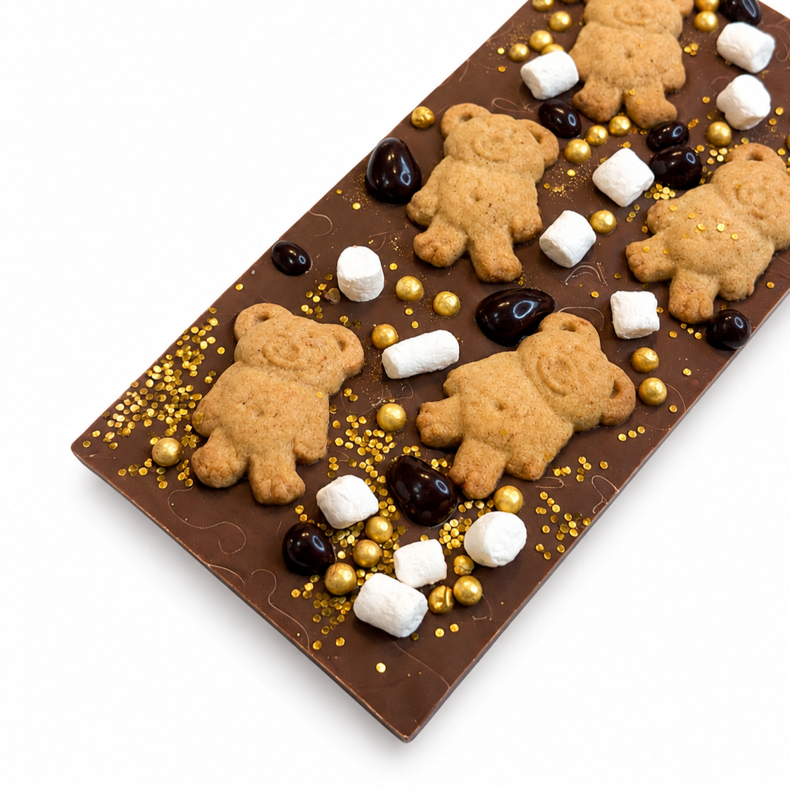 large Belgian milk chocolate bark topped with Teddy Graham crackers, mini freeze-dried marshmallows, chocolate covered cacao nibs, and gold sprinkles