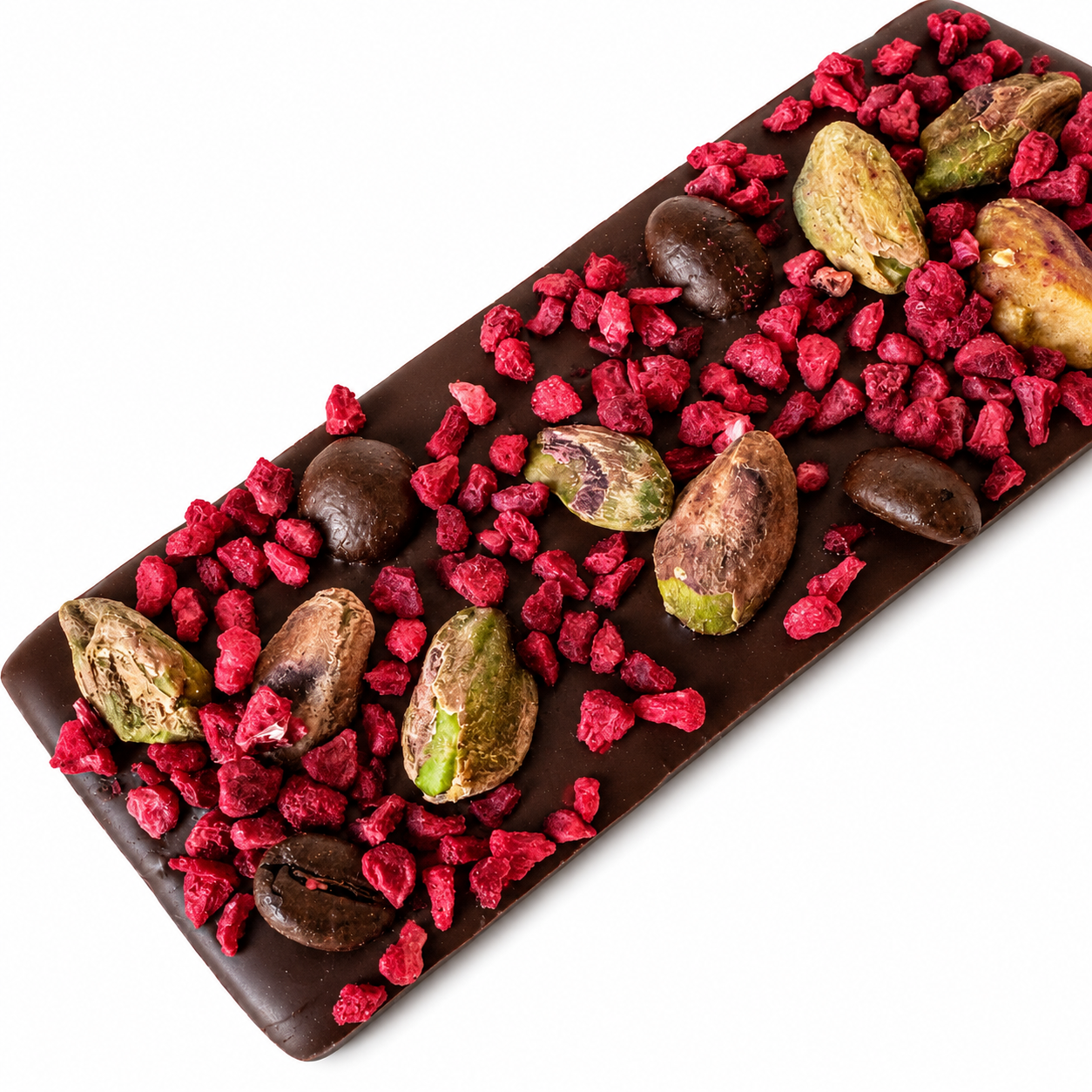 Small handcrafted Belgian dark chocolate bark topped with freeze-dried raspberry crumble, pistachios, and dark chocolate covered cacao nibs.