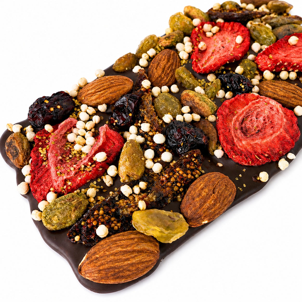 Large handcrafted Belgian dark chocolate bark topped with freeze-dried strawberries, dried cranberries, dried golden raisins, pistachios, whole almonds, puffed quinoa and gold sparkles