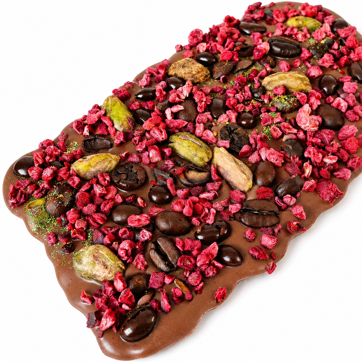 Large handcrafted Belgian milk chocolate bark topped with freeze-dried raspberry crumble, pistachios, and dark chocolate covered cacao nibs.