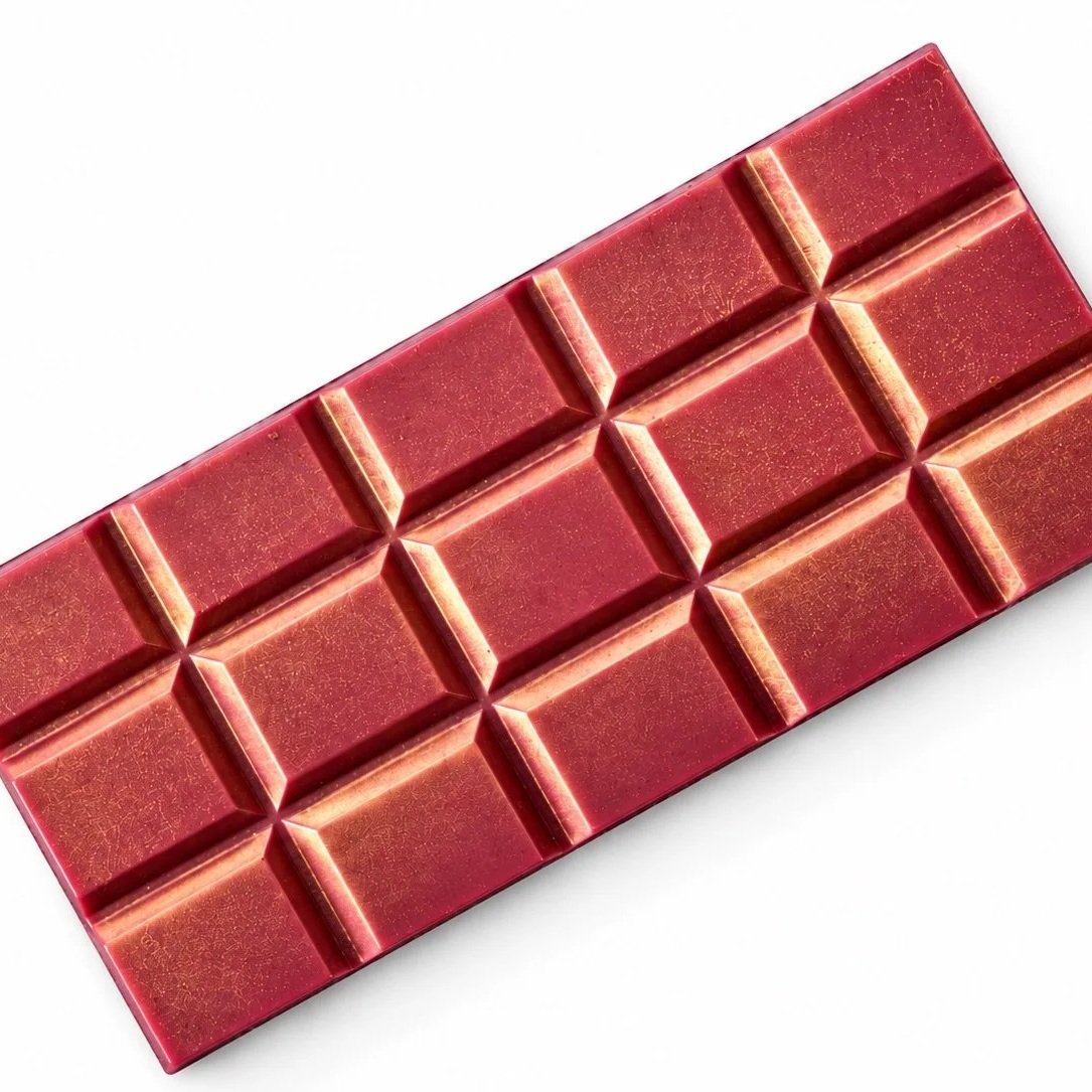 Pink rectangular chocolate finished with gold lustre dust.