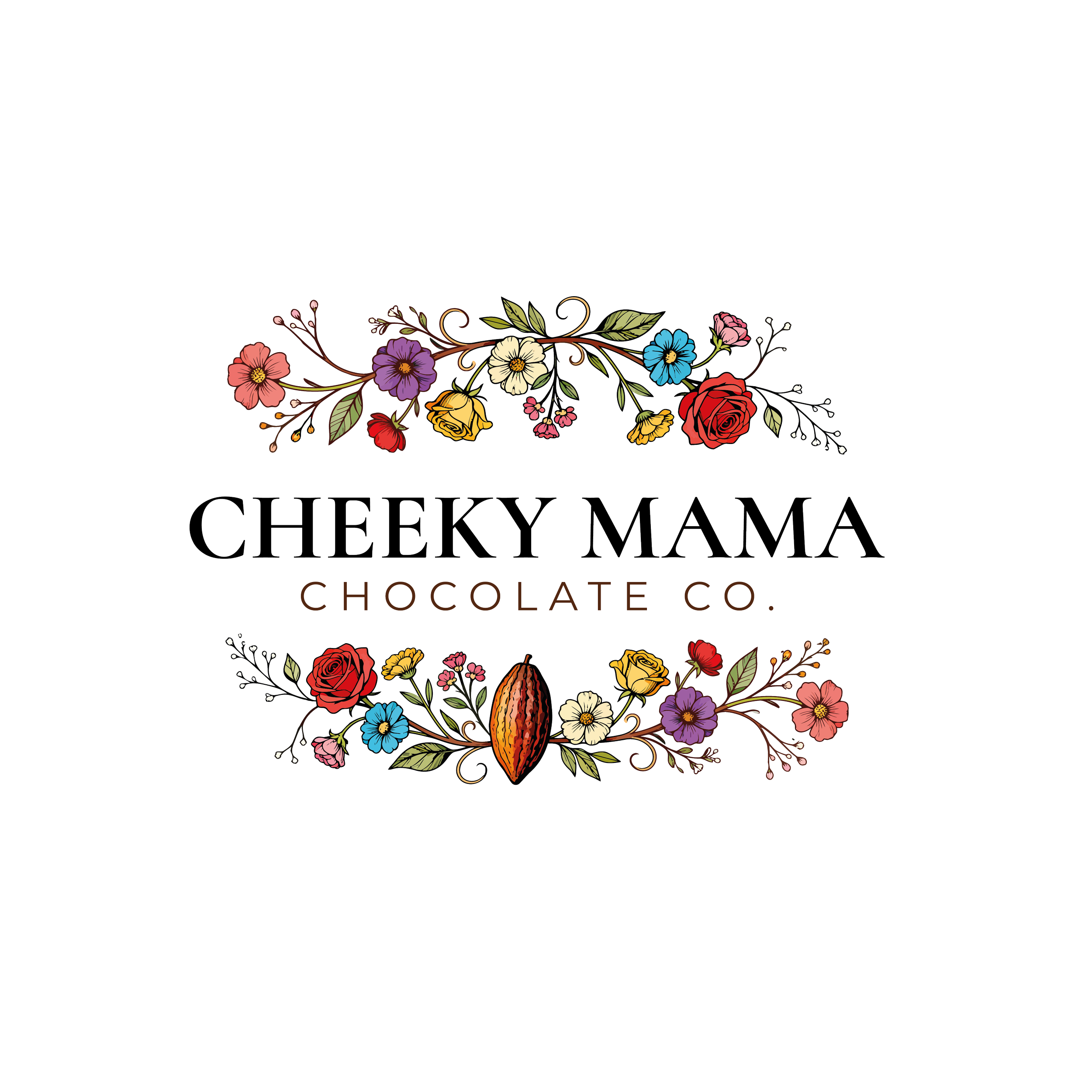 cheeky mama chocolate co., with bright and colourful florals and a cacao pod whimsical and inviting